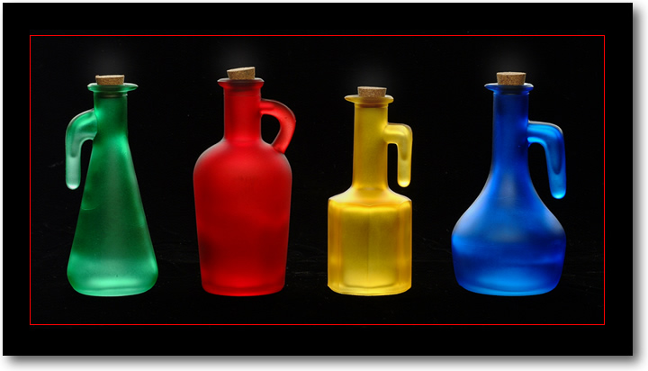 Colored glass bottles, Sample Product Photography